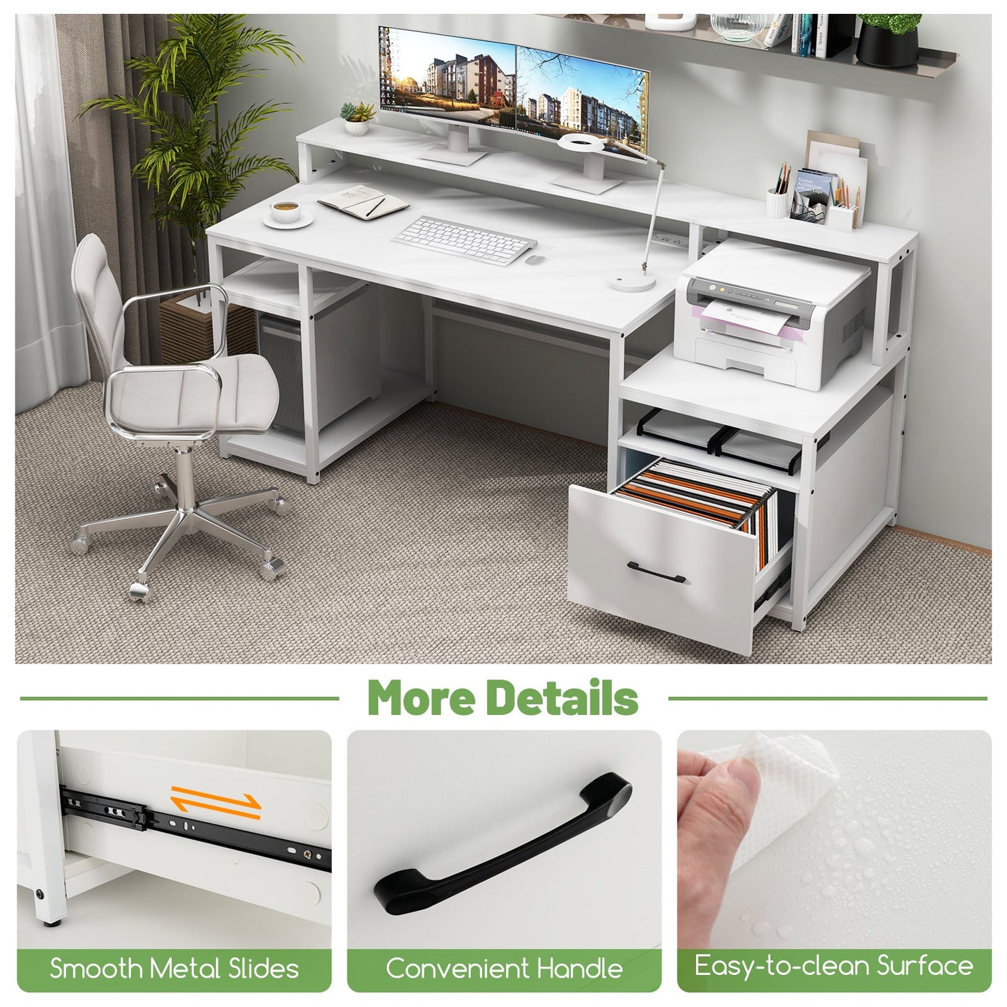 Escritorio para computadora de 67 pulgadas con soporte para monitor y cajón para archivos - Blanco