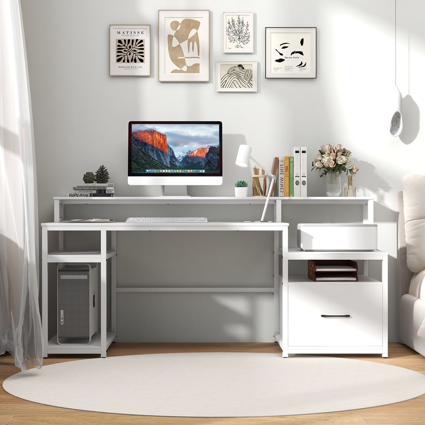 Escritorio para computadora de 67 pulgadas con soporte para monitor y cajón para archivos - Blanco