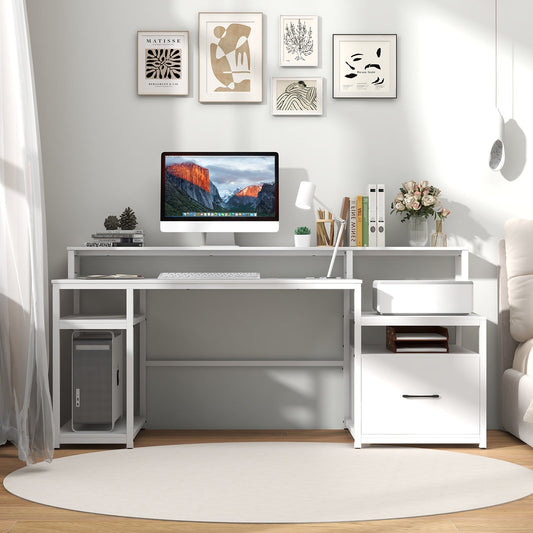 67 Inch Computer Desk with Monitor Stand & File Drawer-White - Tampa Home & Garden Store