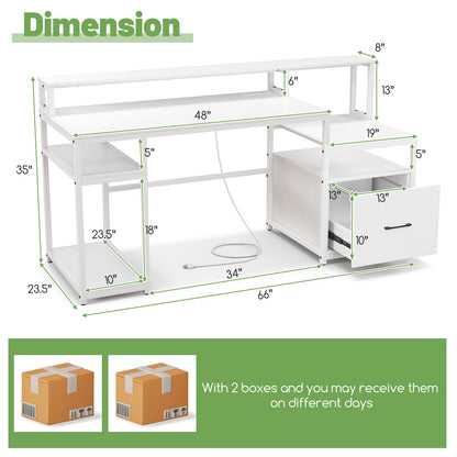 Escritorio para computadora de 67 pulgadas con soporte para monitor y cajón para archivos - Blanco