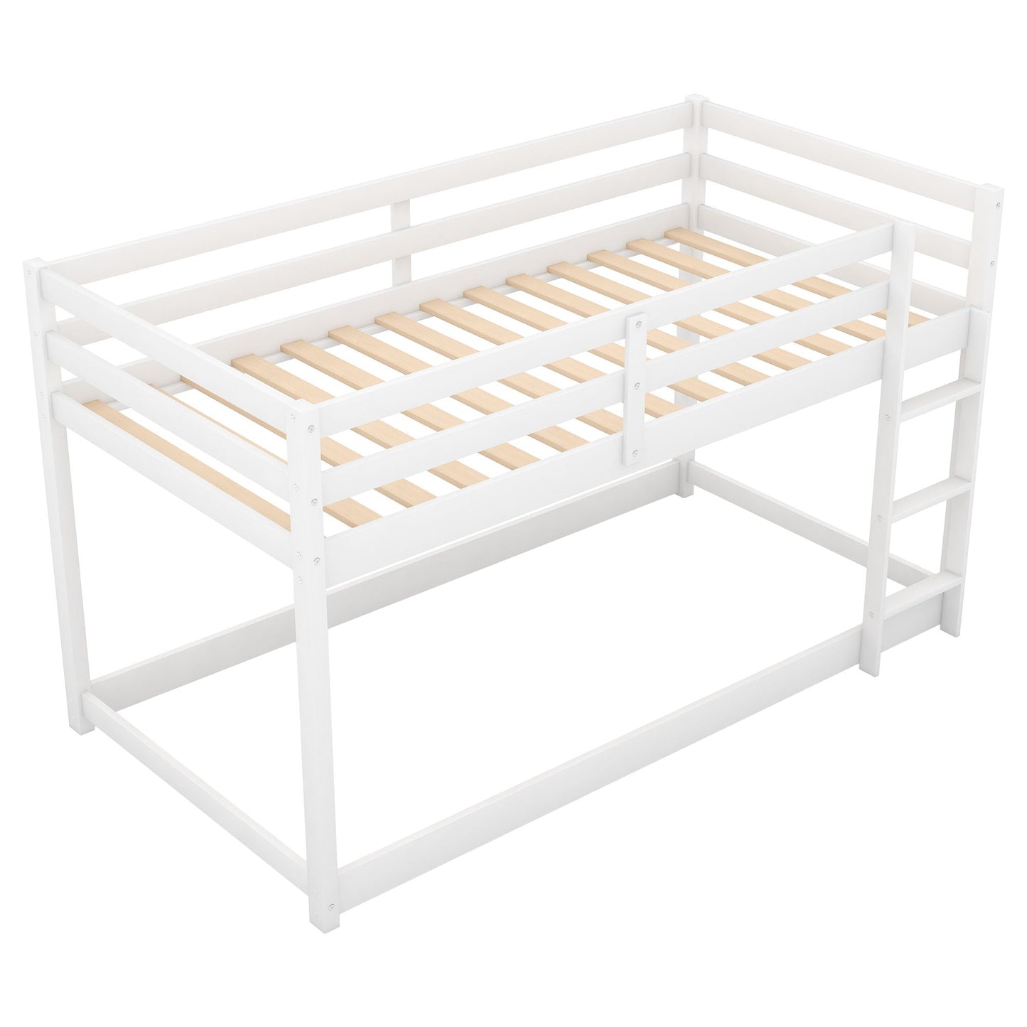 Floor bunk bed with ladder, white frame and natural wood slats, HouseOfZazla on Tampa Home & Garden Store