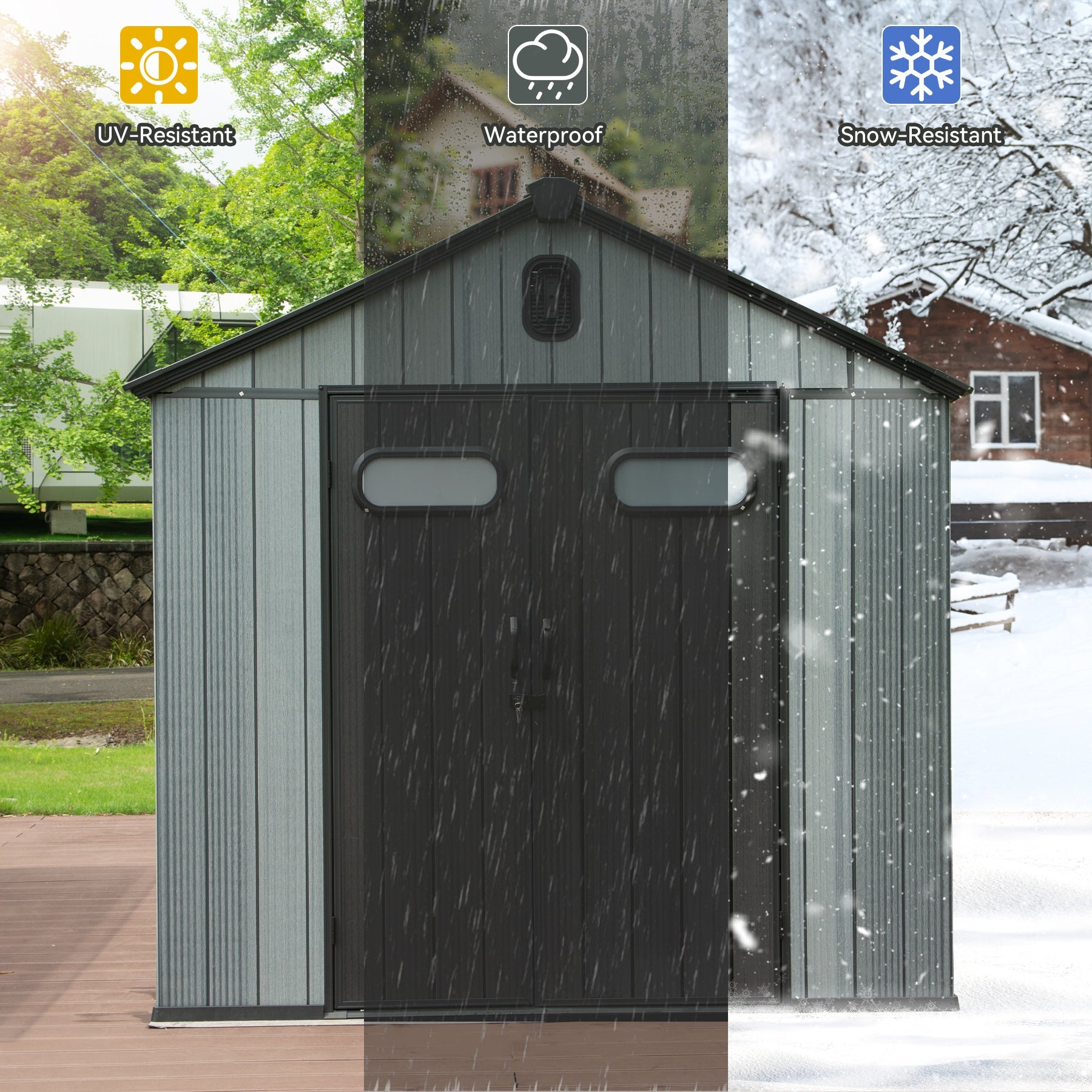8X10FT Outdoor Resin Storage Shed by HouseOfZazla gray panels dark doors UV-Resistant on Tampa Home & Garden Store