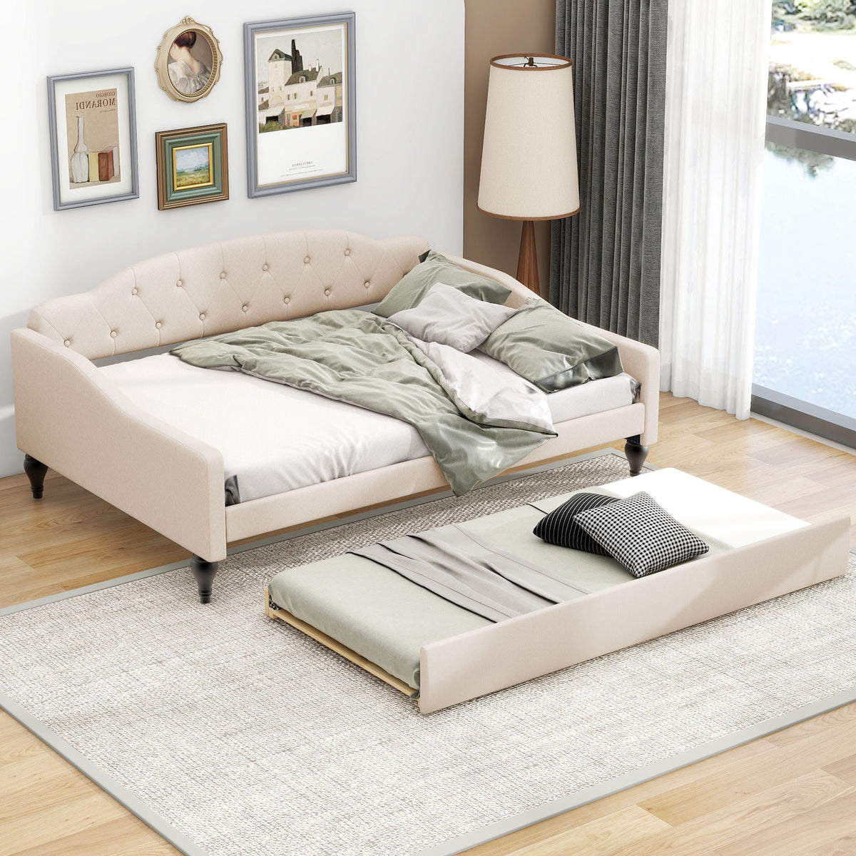 Two beige upholstered tufted daybeds by HouseOfZazla in a bright bedroom on Tampa Home & Garden Store