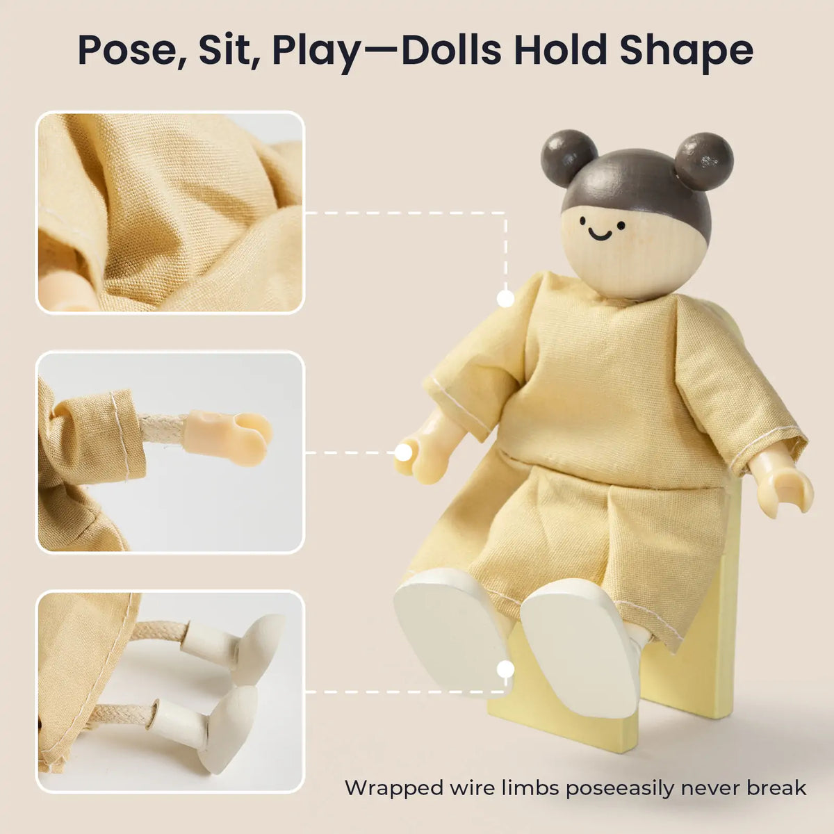 Tiny Land Sweetwood Unicorn wooden doll, beige outfit with poseable wire limbs on Tampa Home & Garden Store
