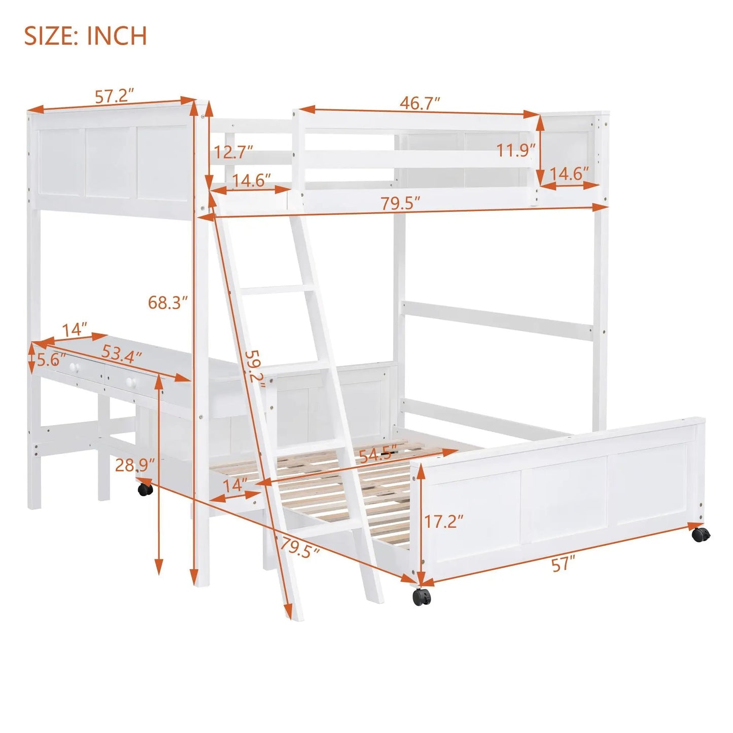 Full over full bunk bed with desk in white wood, built-in desk and storage drawers, ladder on Tampa Home & Garden Store