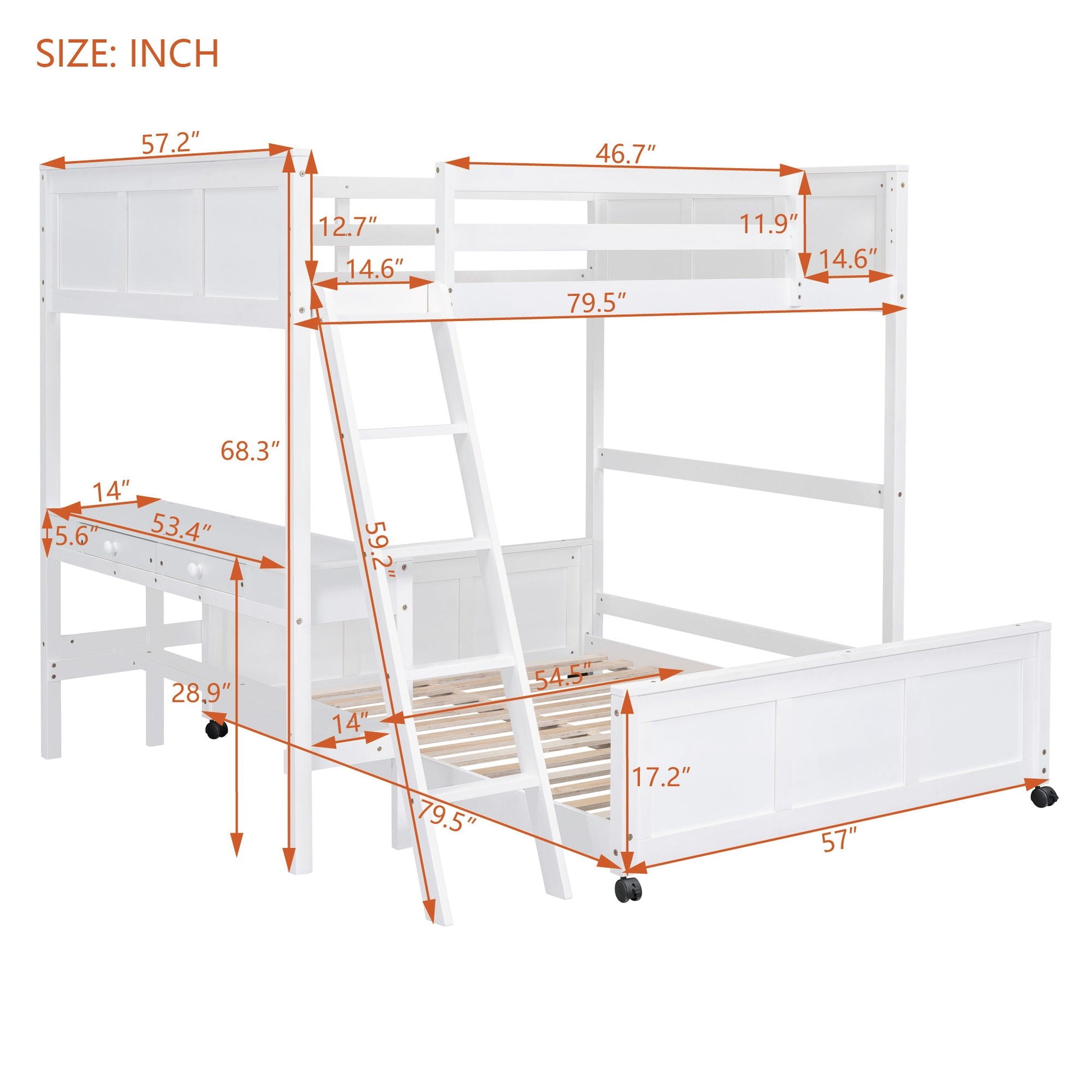 Full over full bunk bed with desk in white wood, built-in desk and storage drawers, ladder on Tampa Home & Garden Store
