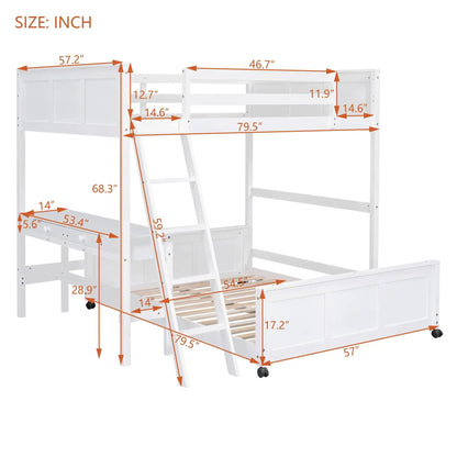 Full over full bunk bed with desk in white wood, built-in desk and storage drawers, ladder on Tampa Home & Garden Store