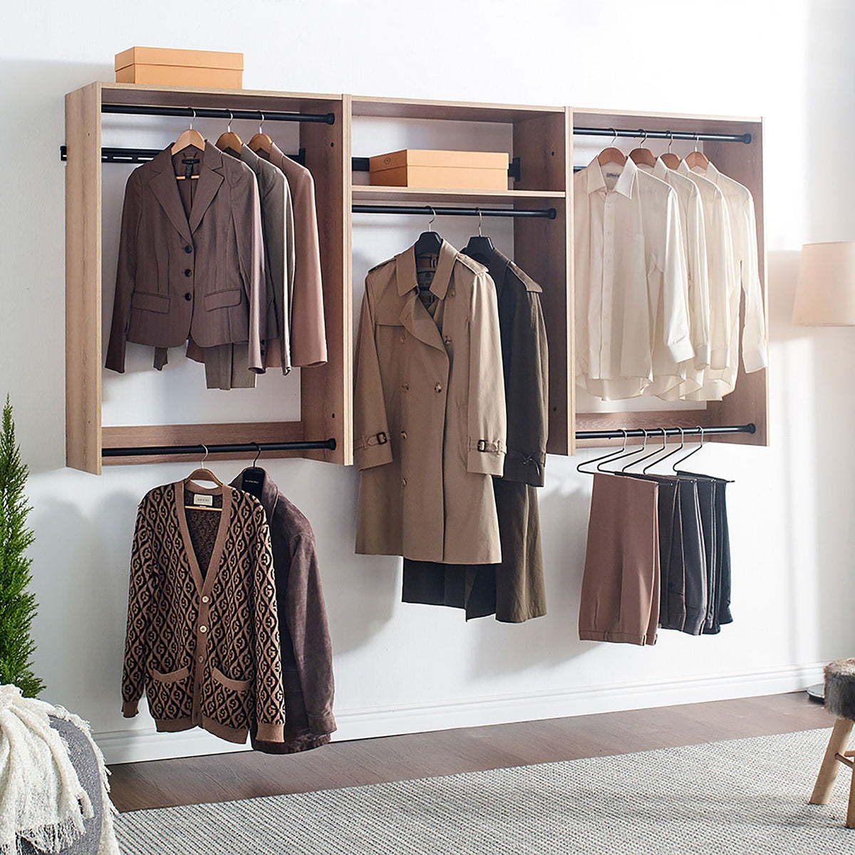 Wall Mounted Wood Closet System with Modular Units, light brown triple wardrobes on Tampa Home & Garden Store