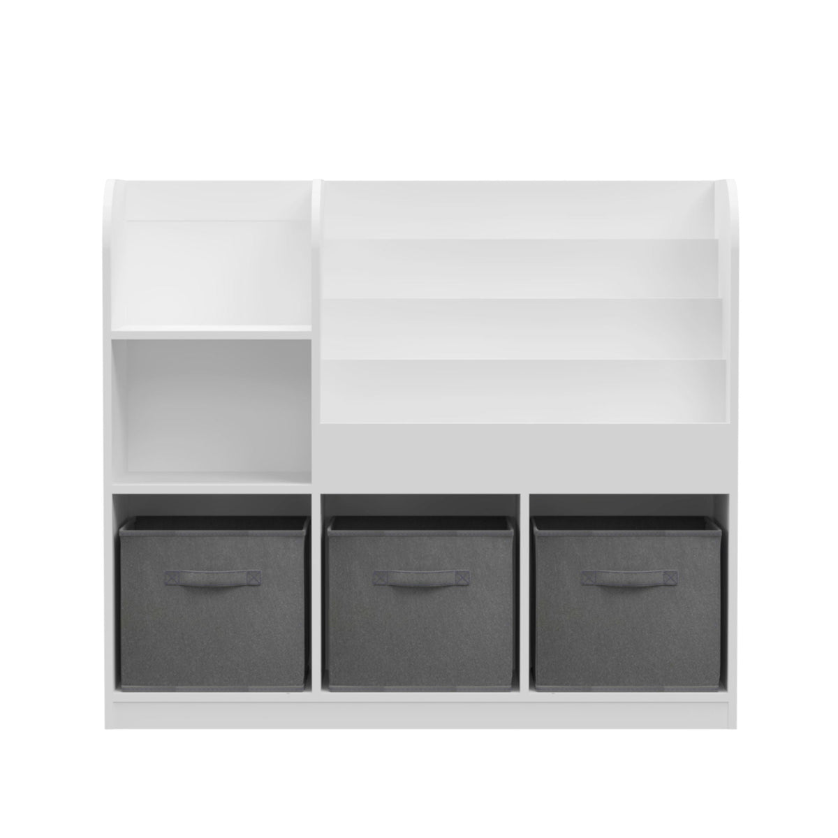 Bookcase and bookshelf by HouseOfZazla with 3 collapsible dark gray fabric drawers in frame on Tampa Home & Garden Store