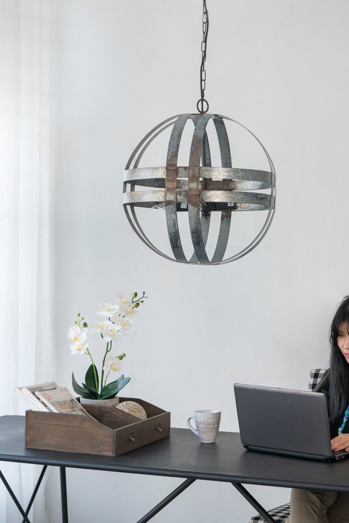 4-Light Galvanized Chandelier by HouseOfZazla, gray metal sphere with adjustable chain on Tampa Home & Garden Store