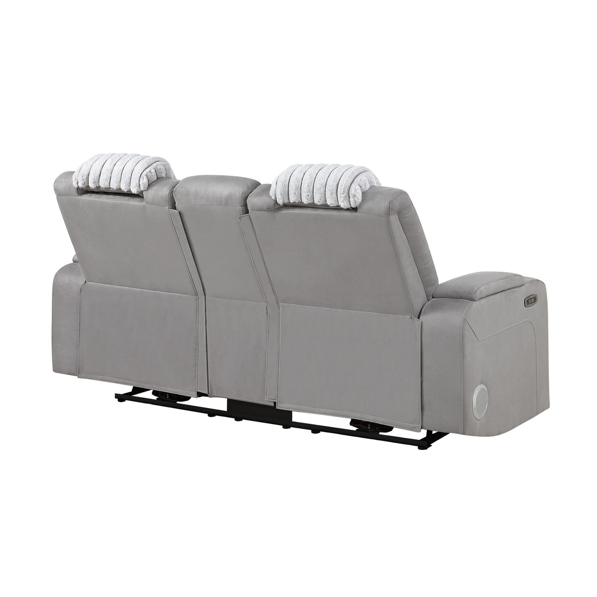 Power reclining loveseat with Bluetooth and sound, gray faux leather, 2 white bolsters on Tampa Home & Garden Store