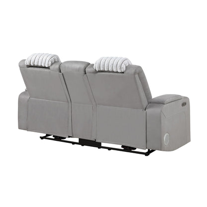 Power reclining loveseat with Bluetooth and sound, gray faux leather, 2 white bolsters on Tampa Home & Garden Store