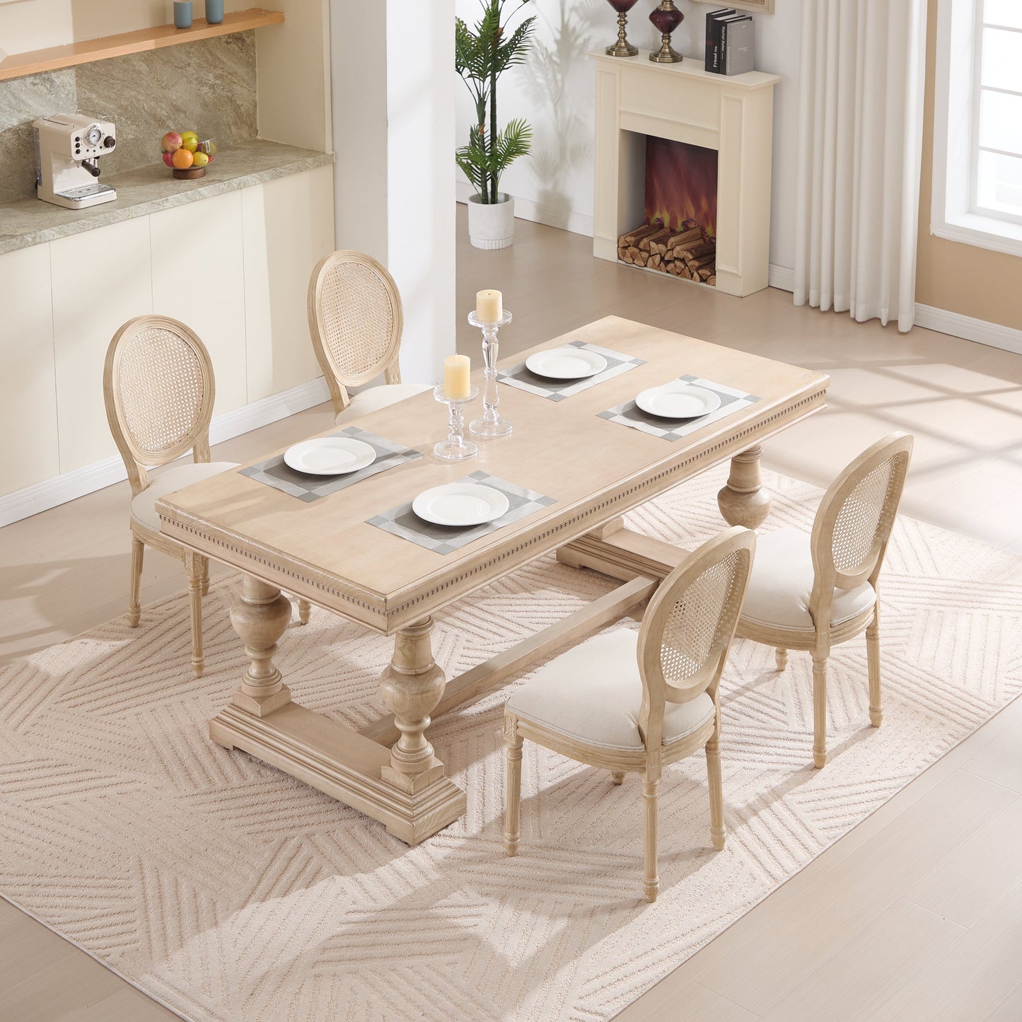 French country dining chairs set of 2 with upholstered seats and rattan backs in light wood on Tampa Home & Garden Store