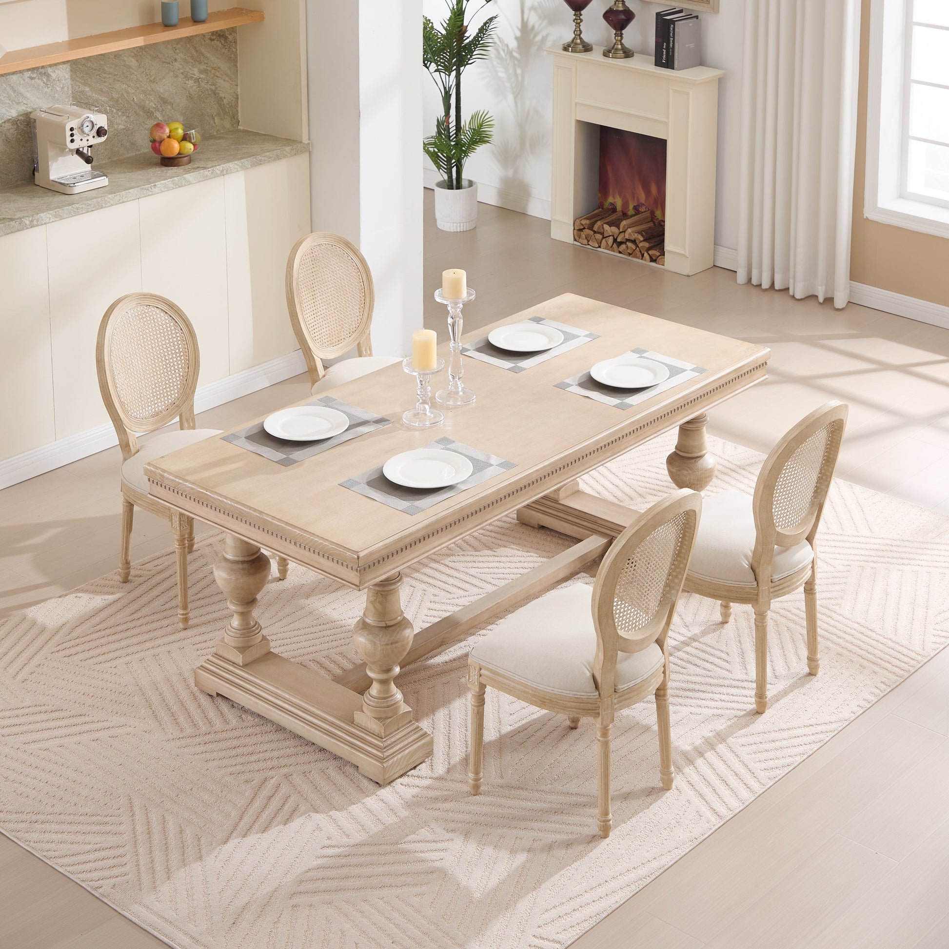 French country dining chairs set of 2 with upholstered seats and rattan backs in light wood on Tampa Home & Garden Store