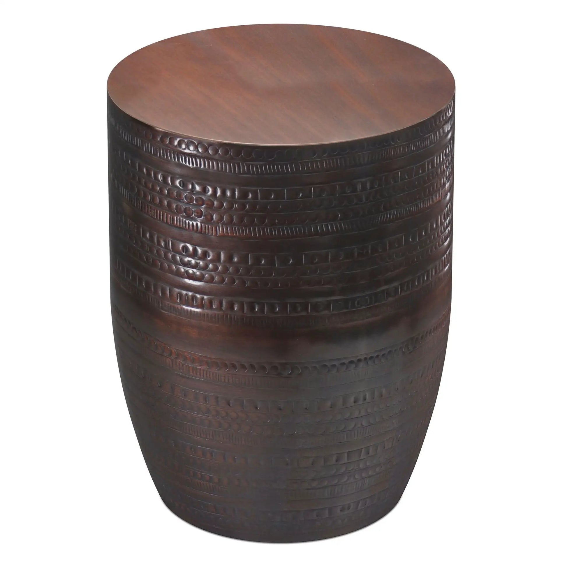 Johnsen Metal Accent Table dark bronze drum with embossed bands by Unique Piece Furniture on Tampa Home & Garden Store
