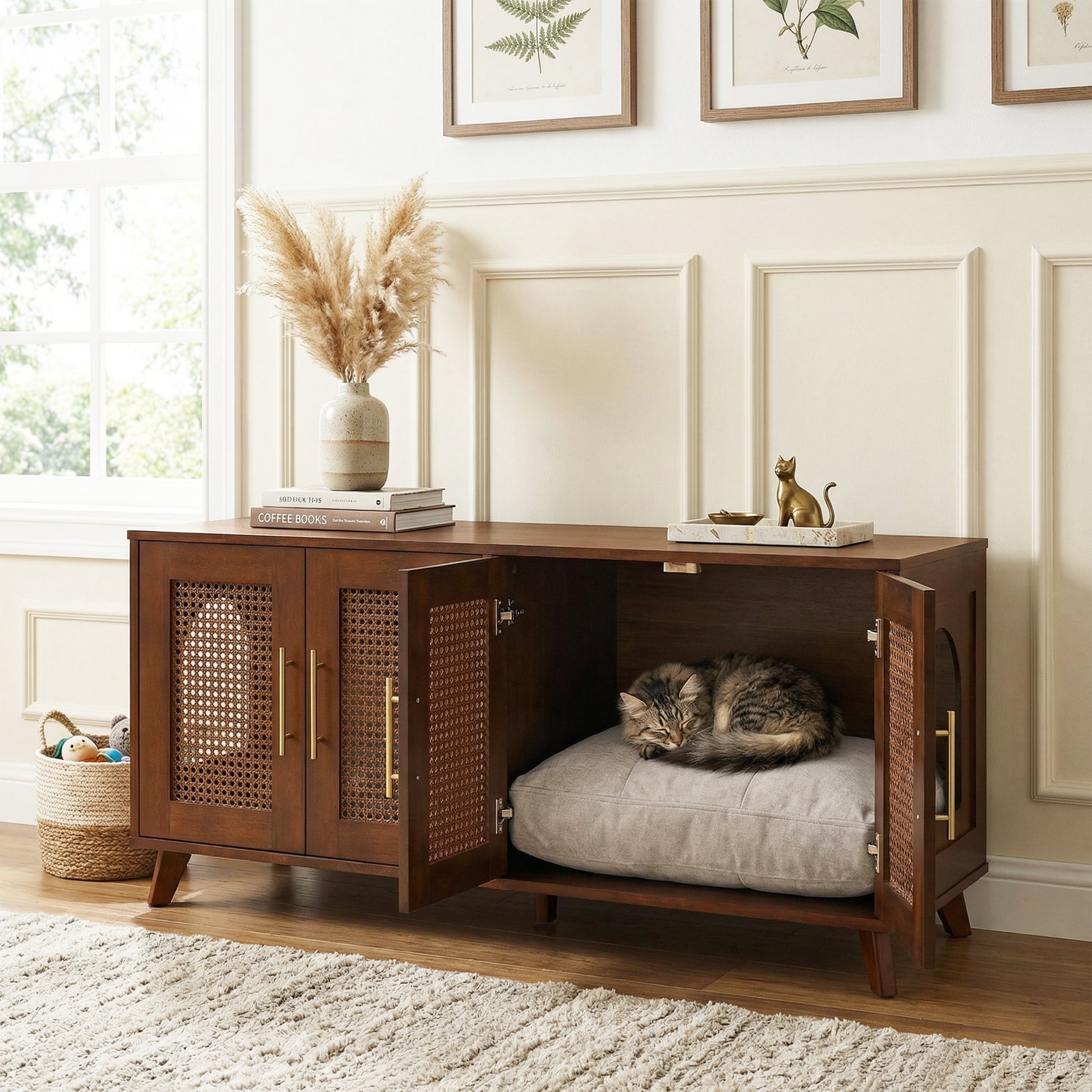 Myra Indoor Premium Rubber Wood Cat Cabinet with Cozy Cushion caned doors, 2 cats inside on Tampa Home & Garden Store