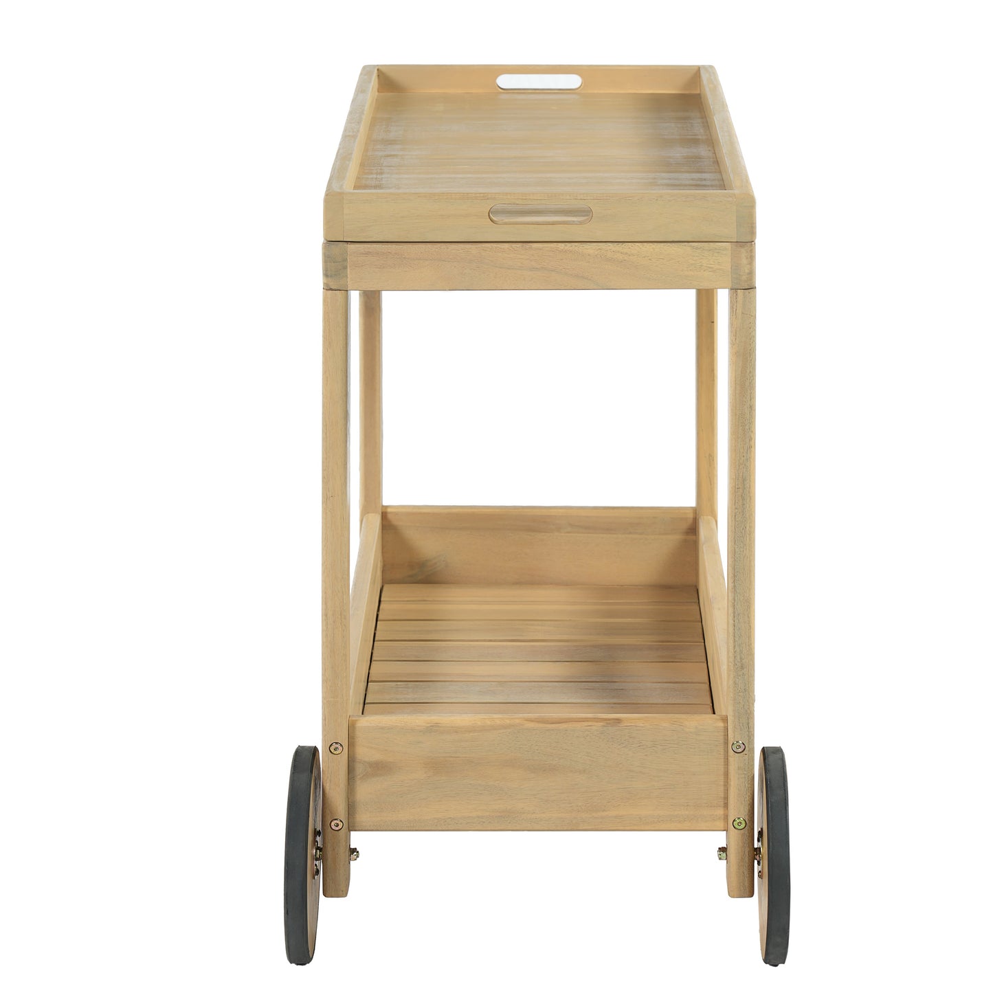 Saratoga Outdoor Rolling Bar Cart by HouseOfZazla, natural wood with wheels, three-tier on Tampa Home & Garden Store
