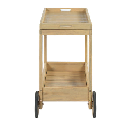 Saratoga Outdoor Rolling Bar Cart by HouseOfZazla, natural wood with wheels, three-tier on Tampa Home & Garden Store