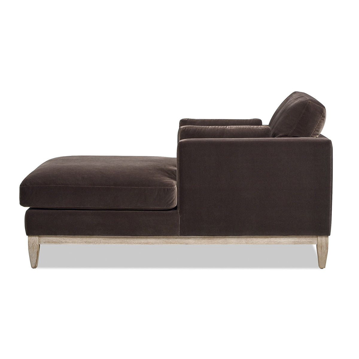 Modern farmhouse chaise lounge chair in dark brown upholstery with removable cushions on Tampa Home & Garden Store