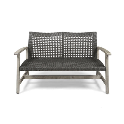Hampton Outdoor Wood and Wicker Loveseat Gray