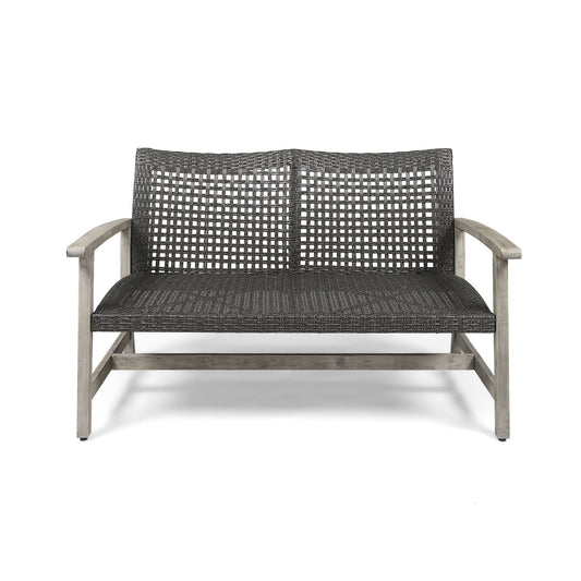 Hampton Outdoor Wood and Wicker Loveseat Gray