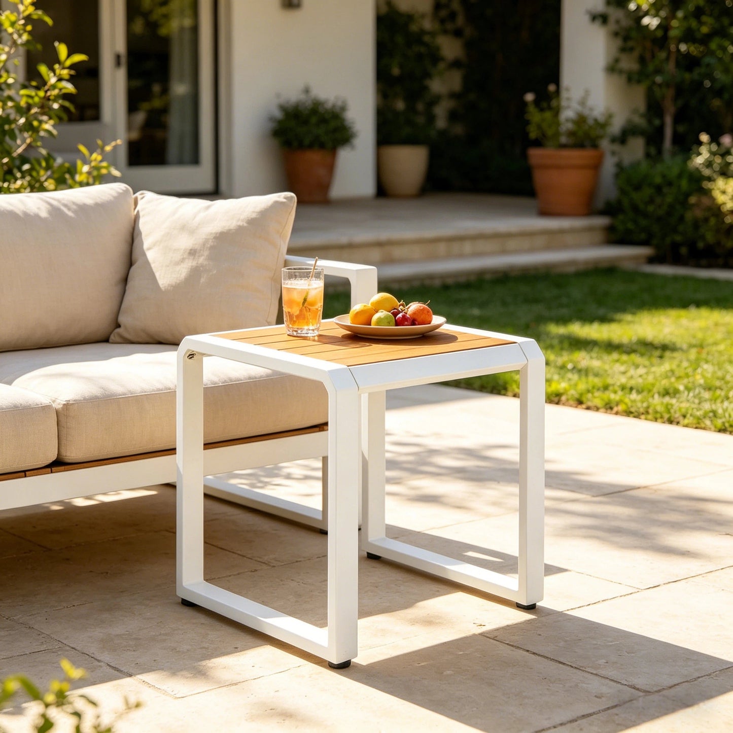 Durable Outdoor Side Table with a Teak Top
