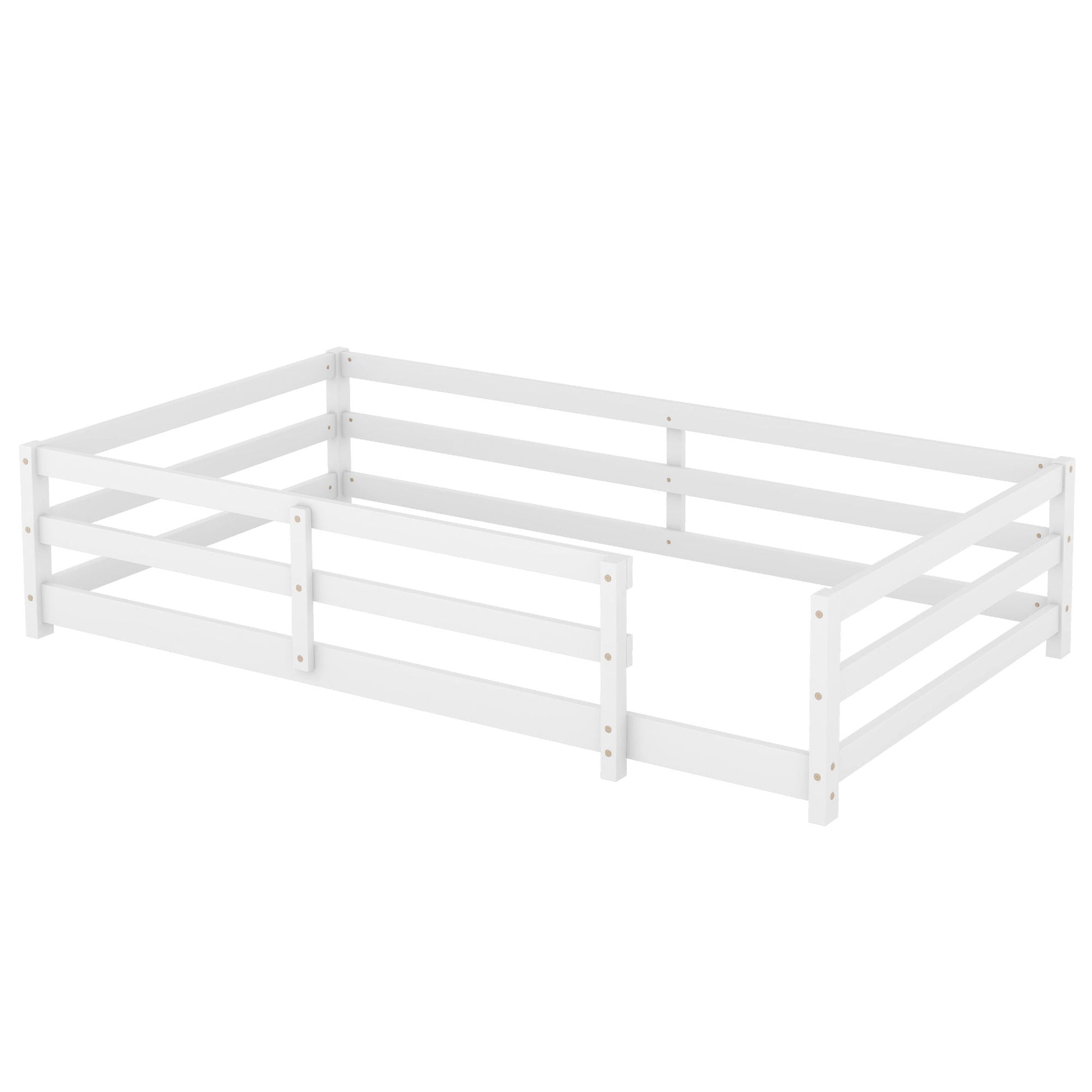 Twin Size Montessori Floor Bed with Fence white wooden panel bed frame HouseOfZazla on Tampa Home & Garden Store