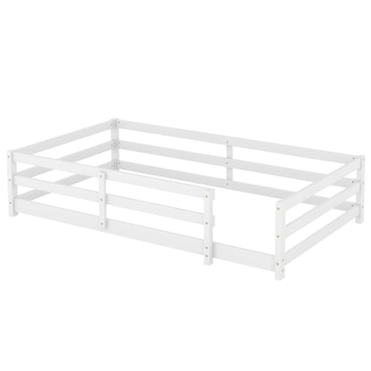Twin Size Montessori Floor Bed with Fence white wooden panel bed frame HouseOfZazla on Tampa Home & Garden Store