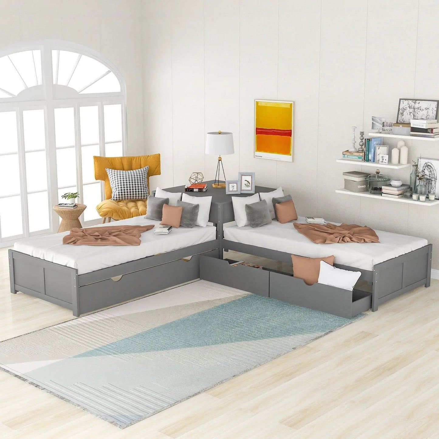 L-shaped platform bed with built-in desk, grey, trundle and under-bed drawers by Unique Piece Furniture on Tampa Home & Garden Store