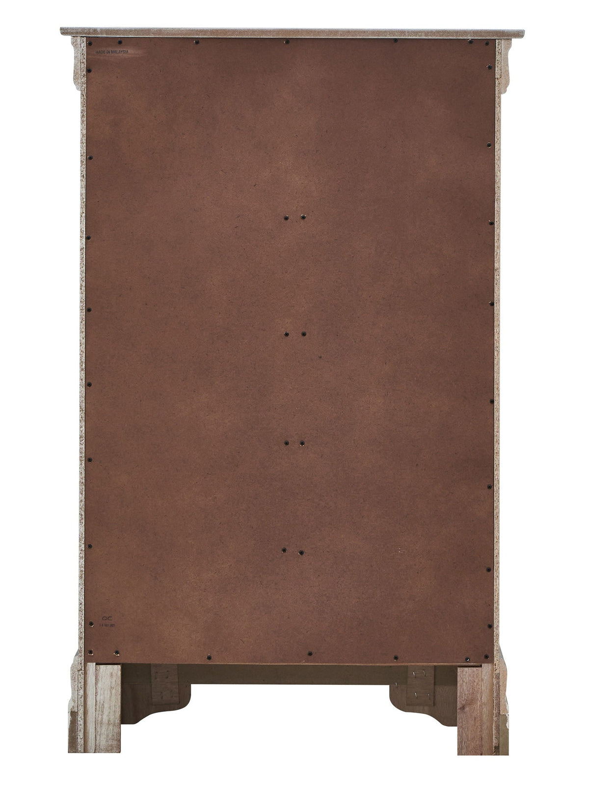 Embossed X Design Accent Chest back view; brown panel with screws, carved legs on Tampa Home & Garden Store