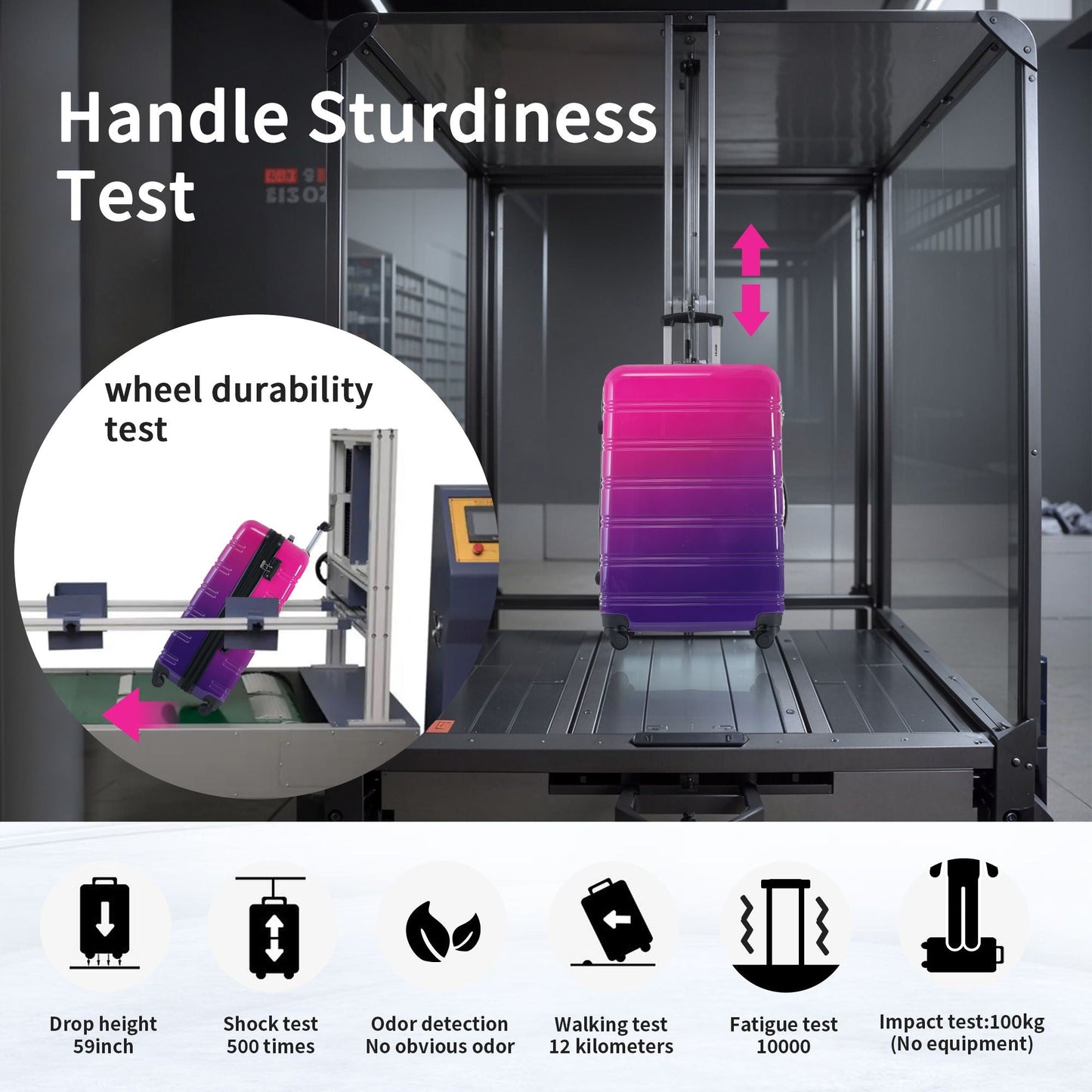 Hardshell luggage gradient pink to purple with spinner wheels on display on Tampa Home & Garden Store