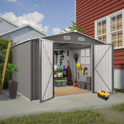 Large gray outdoor storage shed with lockable door and air vents HouseOfZazla on Tampa Home & Garden Store