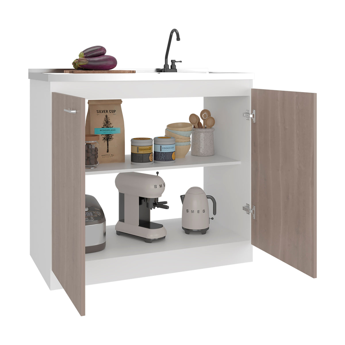 Salento Cabinet with double doors, white finish, canisters and bowls, black faucet on Tampa Home & Garden Store