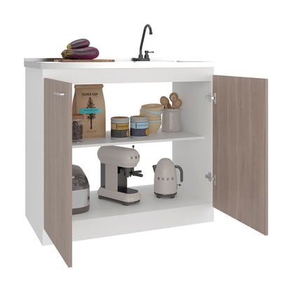 Salento Cabinet with double doors, white finish, canisters and bowls, black faucet on Tampa Home & Garden Store