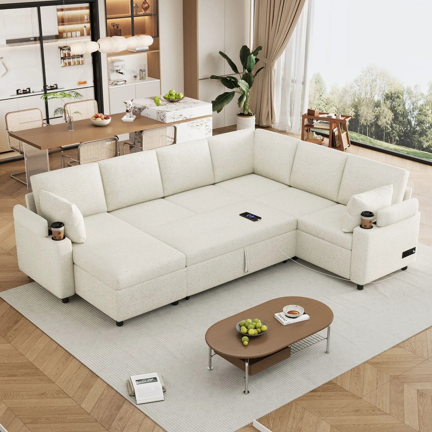 U Shaped Sectional Sleeper Sofa With Ports