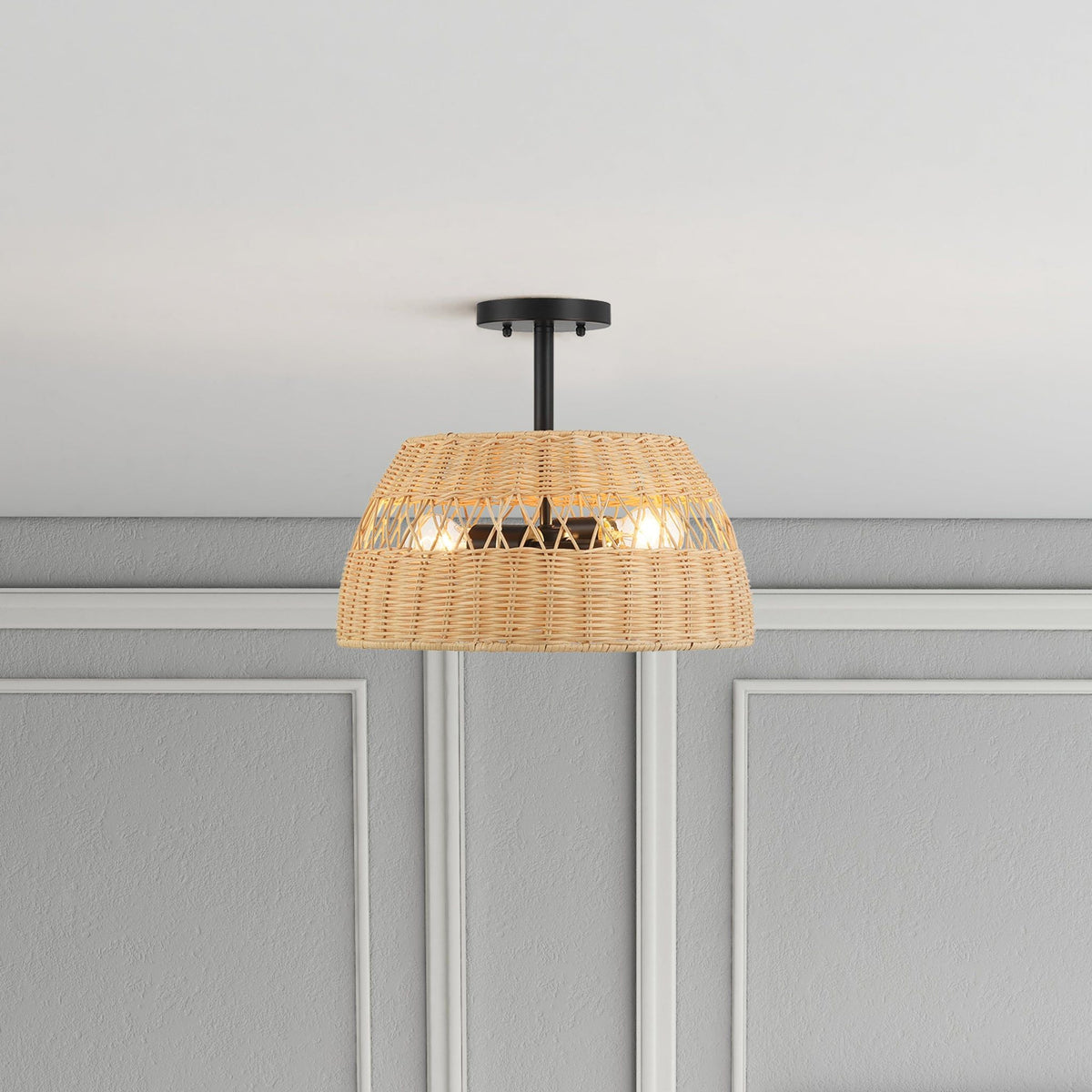 Double-light semi-flush ceiling lamp with black finish and woven rattan shade on Tampa Home & Garden Store