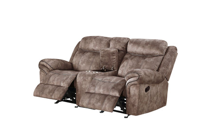 Zubaida two-seat brown microfiber recliner loveseat with center USB console and cupholders on Tampa Home & Garden Store