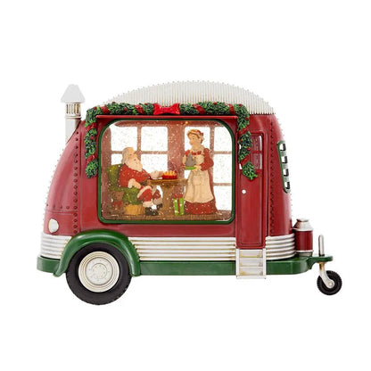 Christmas resin camper with Mr & Mrs Santa, red and green, LED water spinning, 2-way switch on Tampa Home & Garden Store