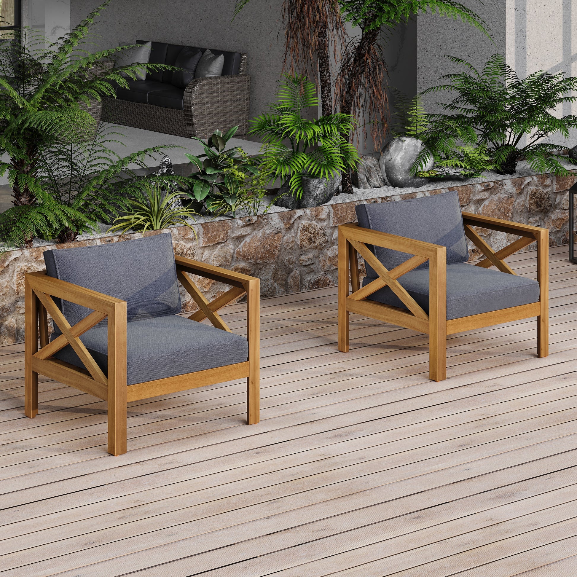 Patio conversation set with 2 cushioned outdoor club chairs and foldable acacia wood table on Tampa Home & Garden Store