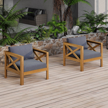 Patio conversation set with 2 cushioned outdoor club chairs and foldable acacia wood table on Tampa Home & Garden Store
