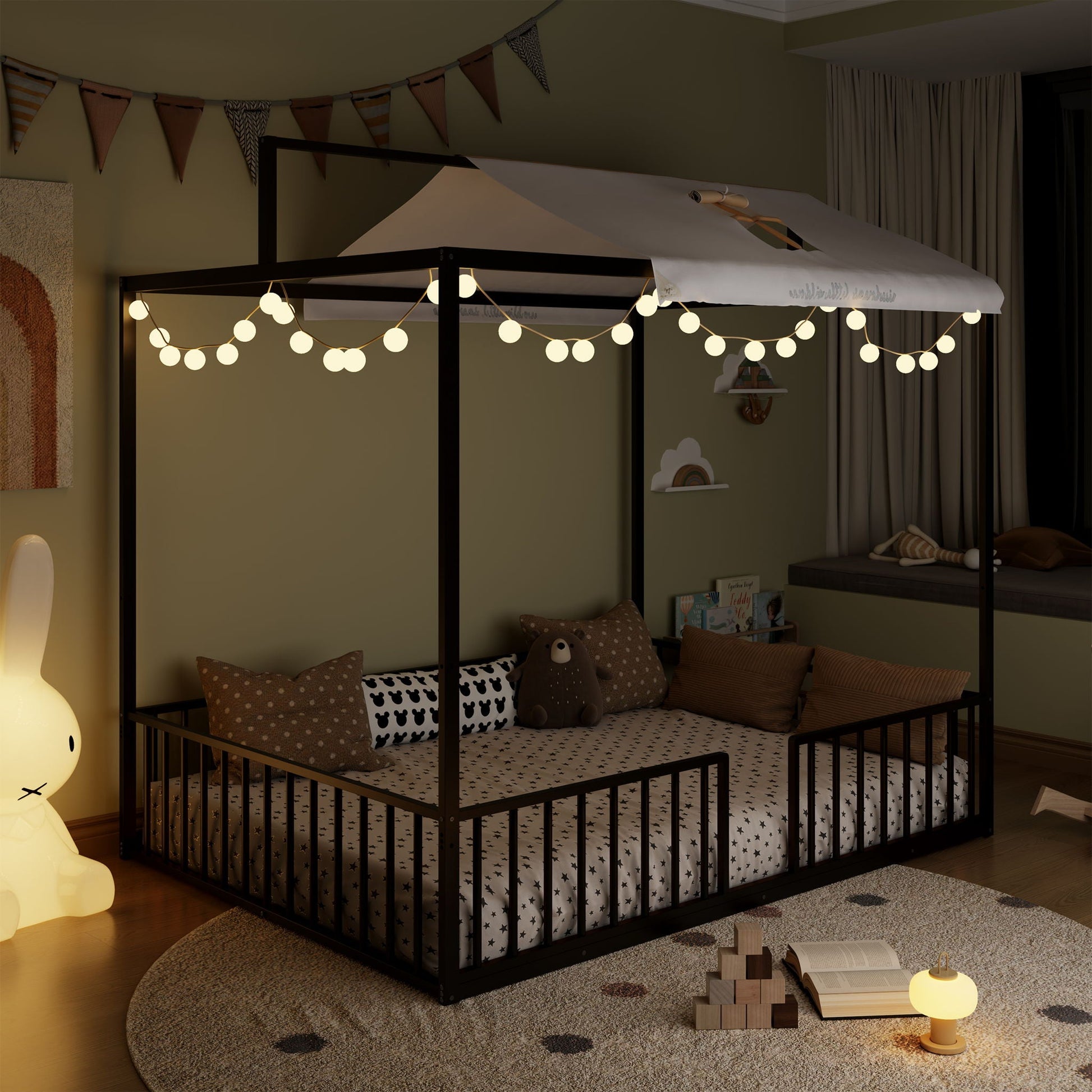 3 In 1 Montessori floor bed with fenced sides, black frame, white canopy in a cozy kid room on Tampa Home & Garden Store