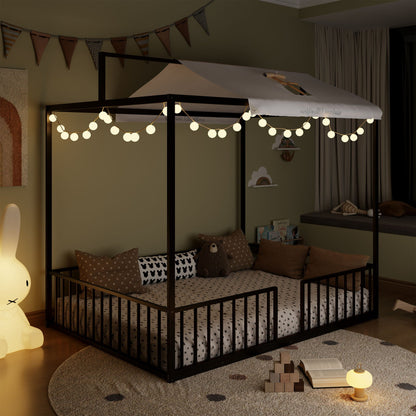 3 In 1 Montessori floor bed with fenced sides, black frame, white canopy in a cozy kid room on Tampa Home & Garden Store