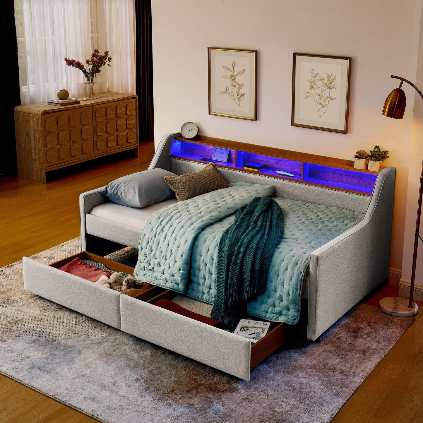 Twin upholstered storage bed with gray fabric, under-bed drawers and blue LED lighting on Tampa Home & Garden Store