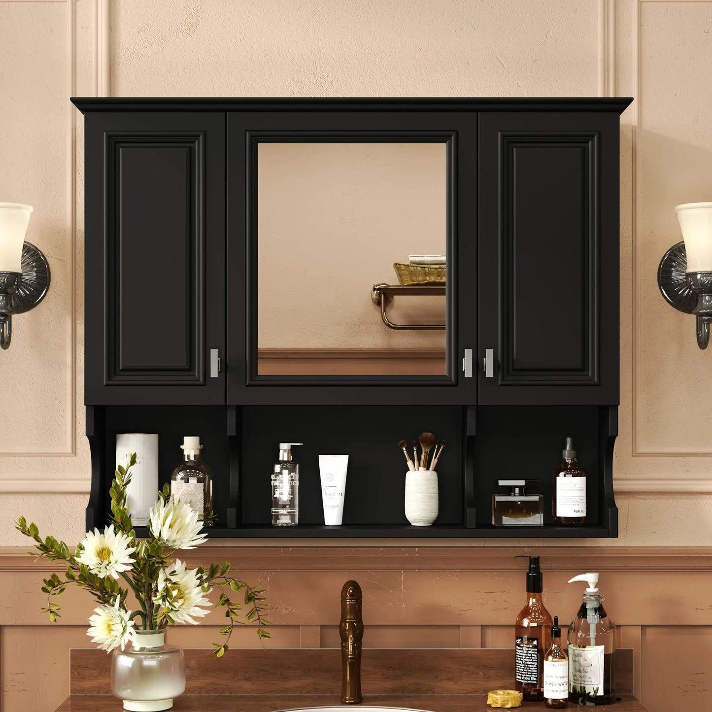 Wall mounted medicine cabinet in black with mirrored center and open shelves Unique Piece on Tampa Home & Garden Store