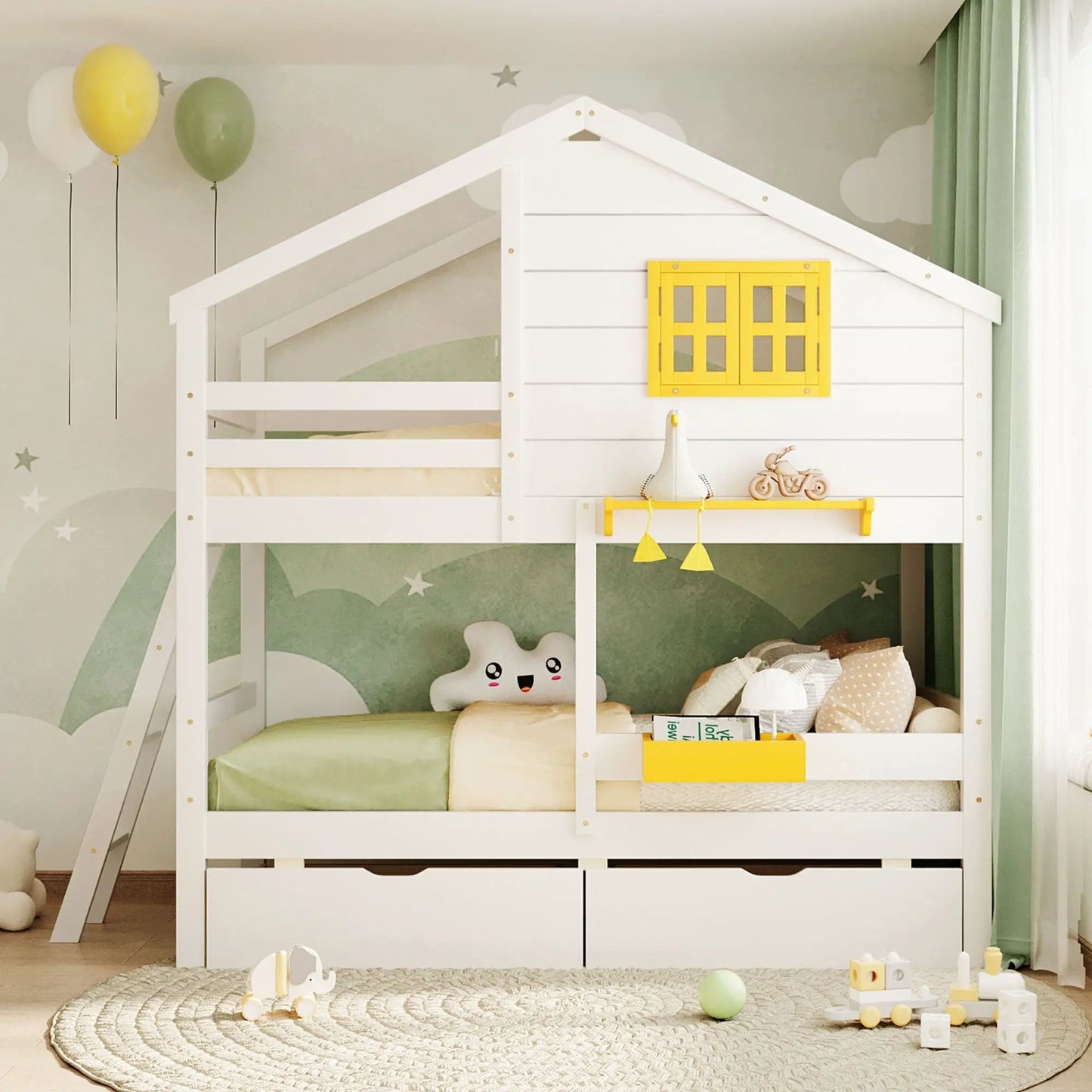White bunk bed with playhouse roof and yellow window accent by Unique Piece Furniture on Tampa Home & Garden Store