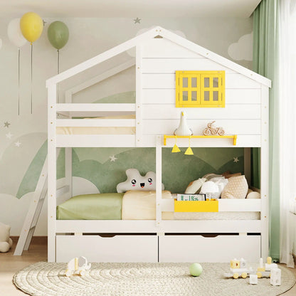 White bunk bed with playhouse roof and yellow window accent by Unique Piece Furniture on Tampa Home & Garden Store