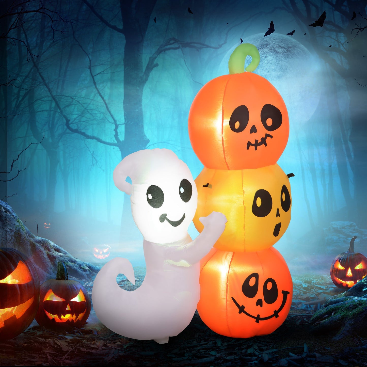 5-Foot Illuminated Halloween Ghost and Pumpkin Inflatable with orange pumpkins and ghost on Tampa Home & Garden Store