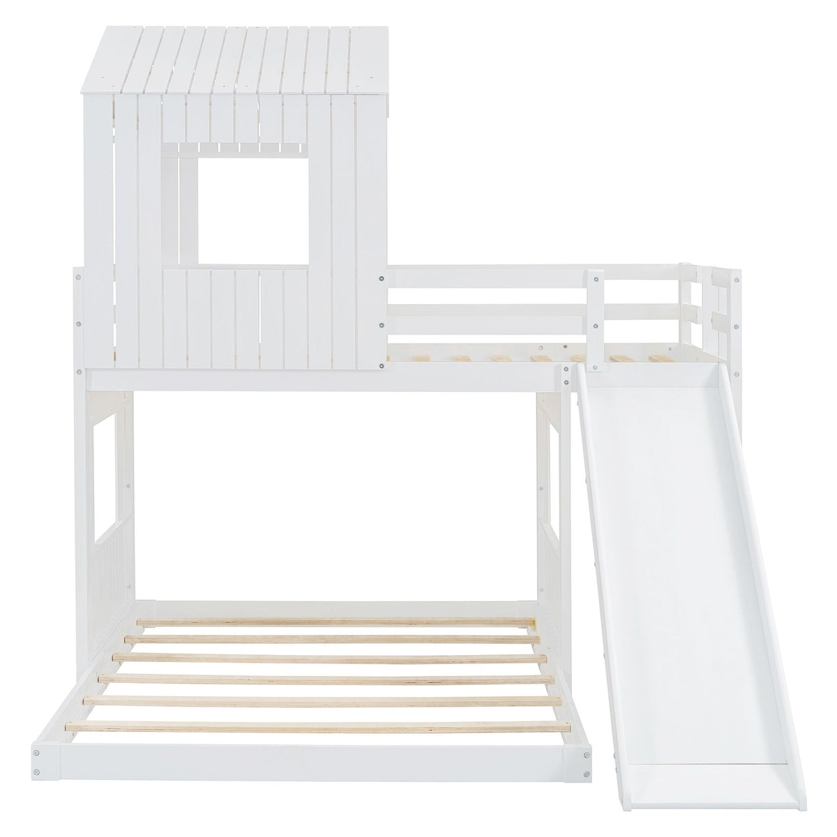 Loft Bunk Bed with Playhouse by HouseOfZazla, white finish with ladder and slide on Tampa Home & Garden Store
