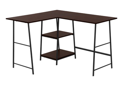 Corner desk with brown top and black metal frame and shelf by Unique Piece Furniture on Tampa Home & Garden Store