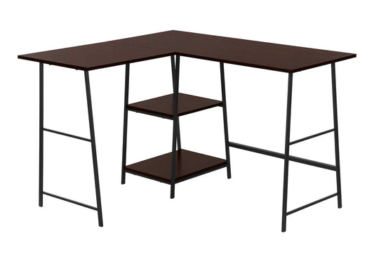 Corner desk with brown top and black metal frame and shelf by Unique Piece Furniture on Tampa Home & Garden Store